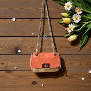 Coach Madison Straw & Coral Leather‎ Chain Shoulder Bag Turnlock F30124